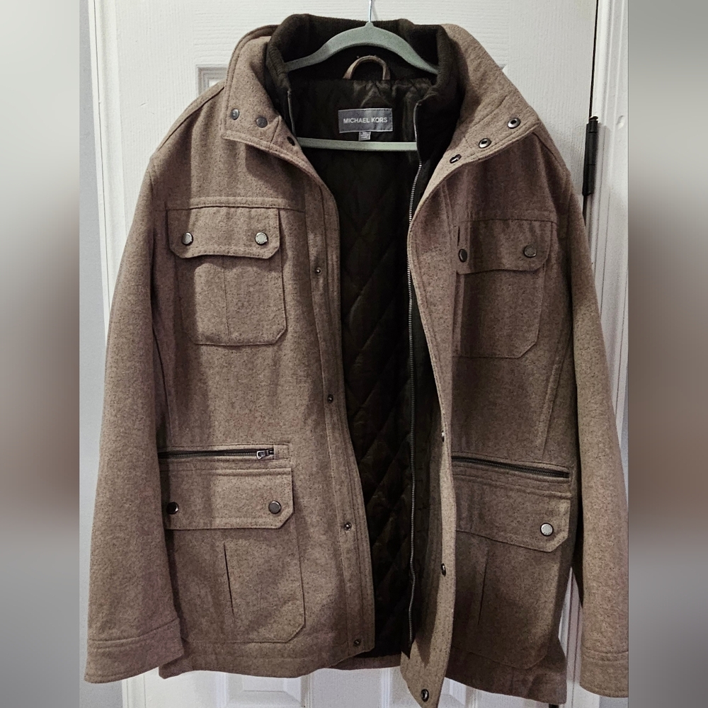 XL Michael Kors Brown Military Field Jacket with Stand-Up Collar